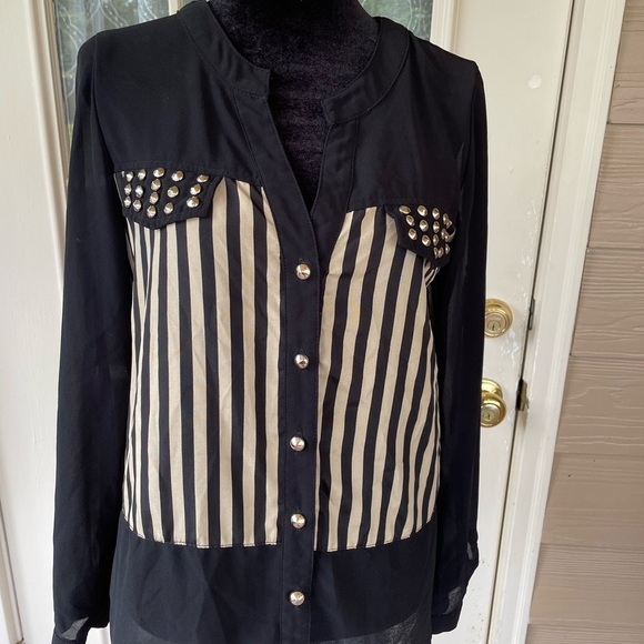 Black and Cream Button Down Shirt with Studded Detail - Picture 1 of 5